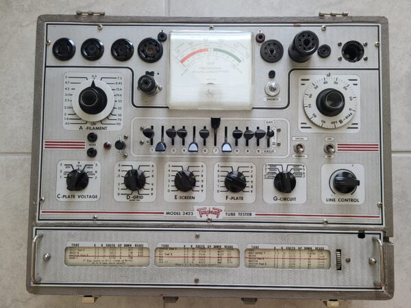 Triplett 3243 tube tester front with socket savers installed